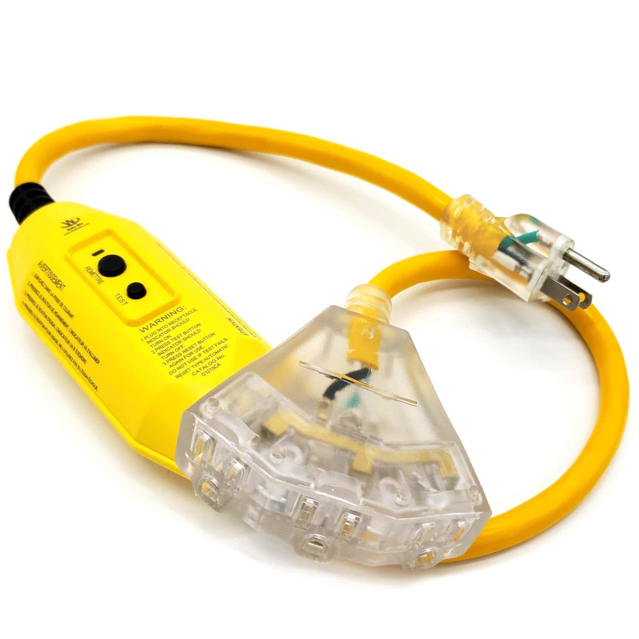 Amazon.Com: 3 Ft - Gfci 12 Gauge Heavy Duty 3-Outlet Sjtw Indoor/Outdoor  Yellow Extension Cord By Watt'S Wire - Short 3' 12-Gauge Grounded 15-Amp Gfi  Power-Cord (3 Foot 12-Awg Yellow Gfci)